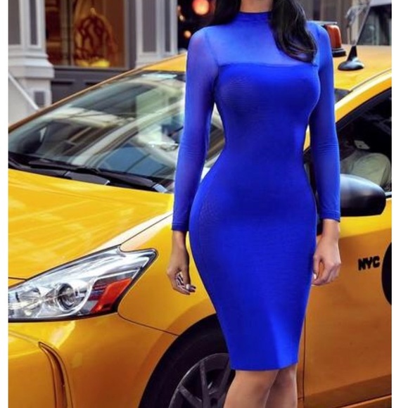 blue long sleeve bandage dress BLUE BANDAGE DRESS WITH DIAMANTE FISHNET INSERT – Arelia's Dream main image 1